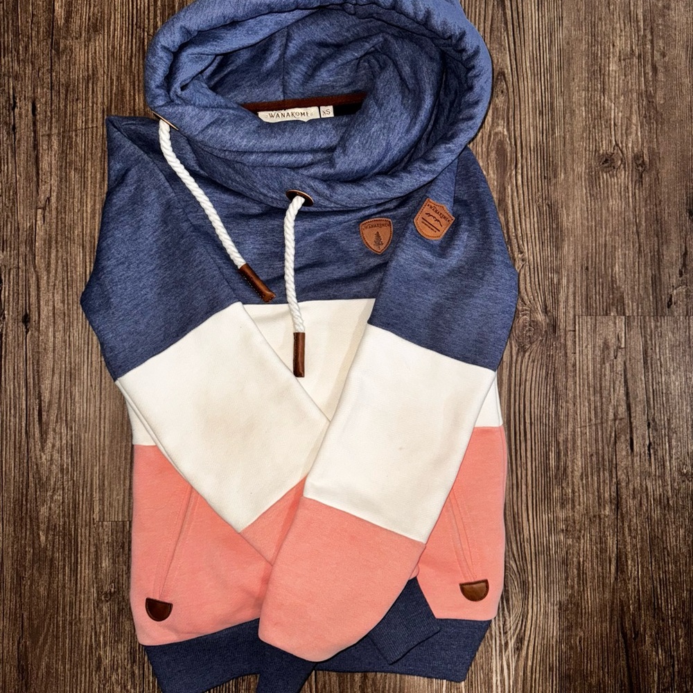 Wanakome Colorblock Cowl Hoodie in Blue, White, Pink